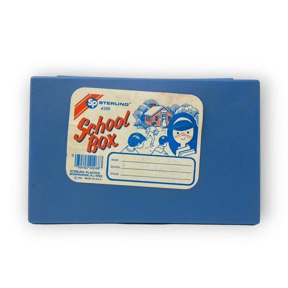 Vintage Sterling Plastics #268 School Box Blue Supplies USA Made 1985
